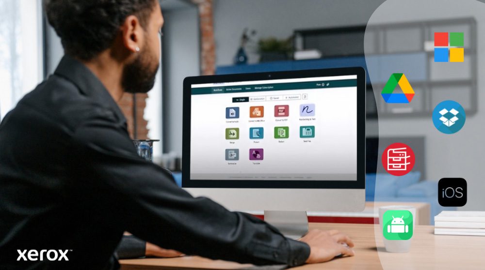 A person is seated at a desk looking at a computer screen displaying the Xerox Workflow Central interface. On the right, icons for Microsoft, Google Drive, Dropbox, a filing cabinet, iOS, and Android illustrate broad compatibility.