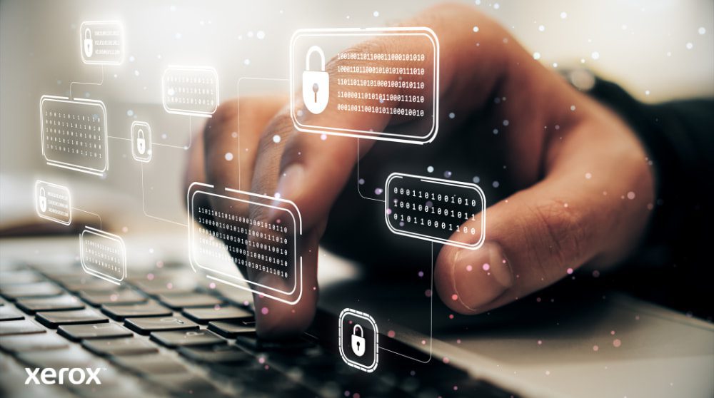A person's hand is typing on a laptop keyboard, with glowing digital lock and binary code icons superimposed over the image, symbolizing robust cyber security and data protection.